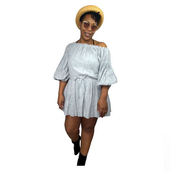 Mustard Seed Dress Off Shoulder Long Sleeve Ruched Drawstring Mini NEW - Picture 1 of 14